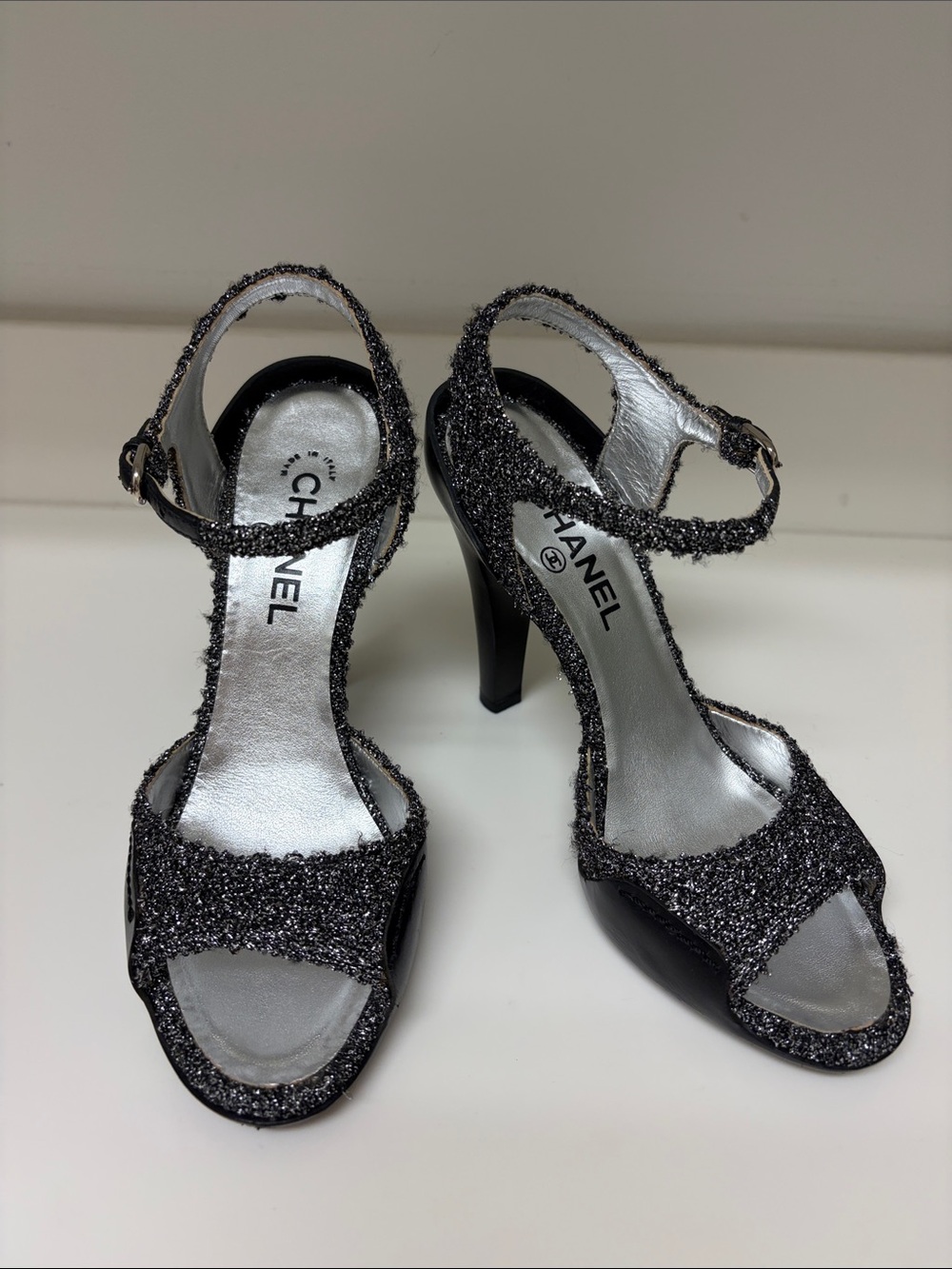 CHANEL Black Silver Glitter Slingback Stiletto Sandals